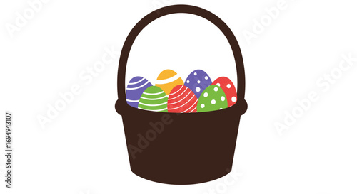 Colorful easter eggs in a simple brown basket on a white background