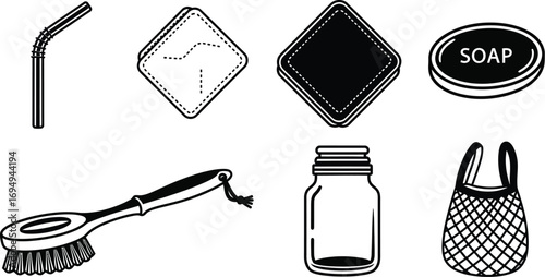 A collection of black and white line art icons depicting various eco-friendly and household items such as a straw, napkin, soap, brush, jar, and mesh bag.