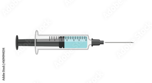 Illustration of a syringe with a needle and blue liquid inside, ready for injection.