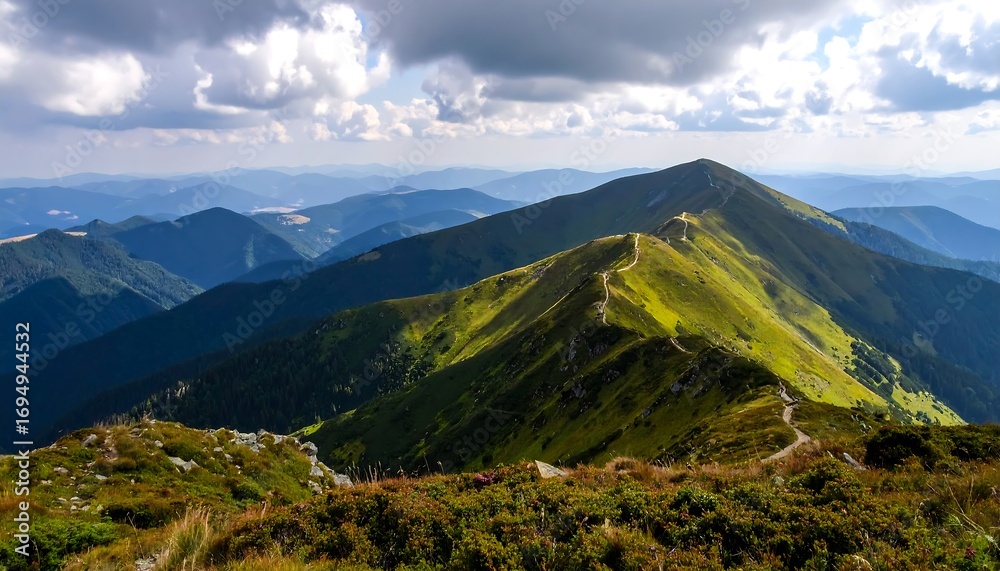 Fototapeta premium Majestic mountain ridge, lush greenery, dramatic clouds