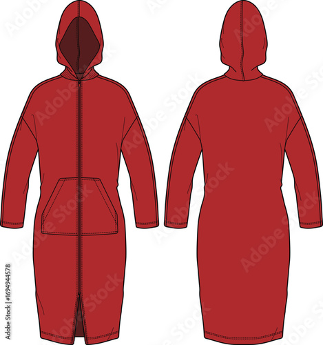 Women full length Hoodie jacket design flat sketch illustration, Raincoat Hooded jacket with front and back view, windcheater winter jacket for girl and women for bike riding