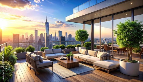 A luxurious rooftop terrace  boasting city views  with comfortable furniture and lush greenery  exudes a tranquil ambiance.