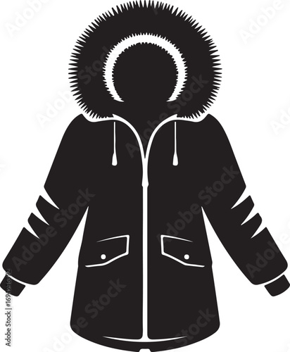 Stylish winter parka silhouette vector graphic. A simple, black silhouette of a winter parka with a fur-trimmed hood.