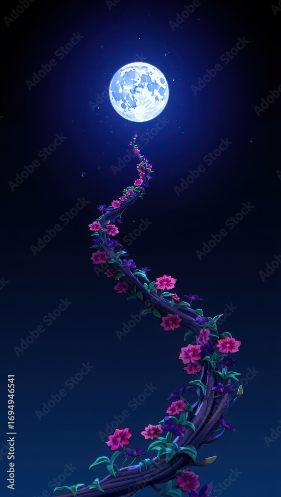 Obraz premium Enchanted moonlit path with blooming roses in a dark night sky