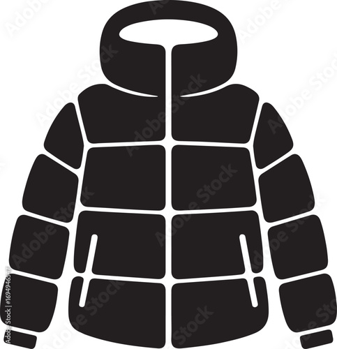 Simple black silhouette of a quilted winter jacket. A vector graphic showcasing a classic quilted winter jacket with a hood.
