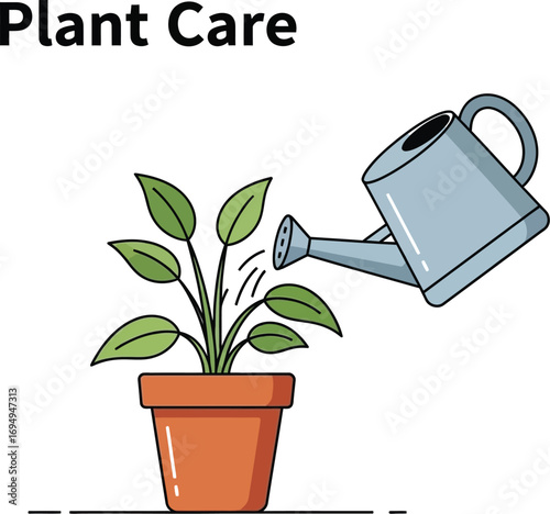 Watering a potted plant with a metal watering can.