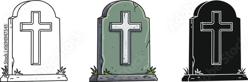 Three tombstones in different styles outline, colorful, and silhouette for halloween designs