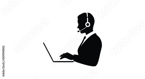 customer service representative working on laptop with headset silhouette