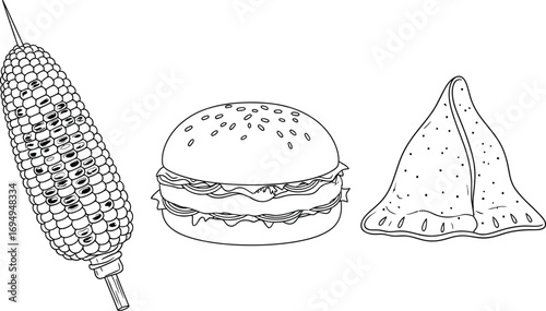Line art drawing of corn on the cob, hamburger, and samosa.