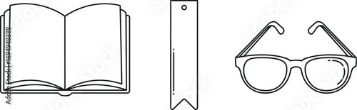 A set of black and white line art icons representing reading: an open book, a bookmark, and a pair of glasses.