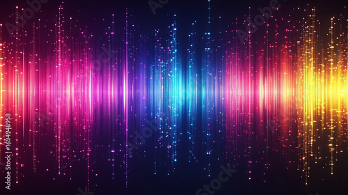 Vibrant rainbow neon sound waves forming a radial pattern  visualizing audio signals  futuristic technology  AI  and dynamic energy in a glowing abstract background.