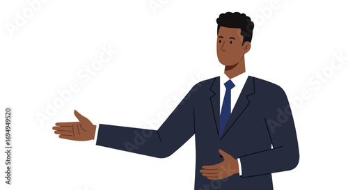 Businessperson gesturing with outstretched hand in professional attire