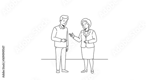 Business professionals engaged in conversation: black and white line art