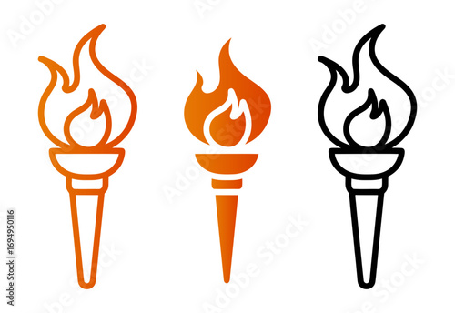 Three torch icons with flames isolated on transparent background