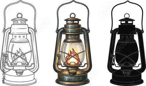 Set of vintage lantern illustrations in different styles, including outline, colorful, and silhouette versions
