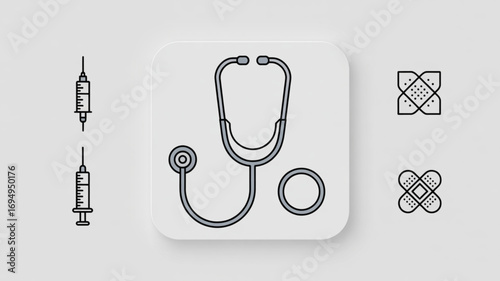Medical icon set, syringe, stethoscope, and bandage vector illustration for healthcare, medicine, and emergency