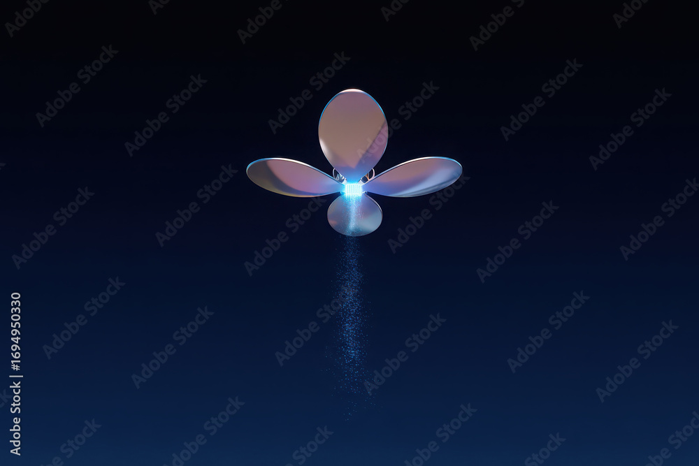 Fototapeta premium Abstract glowing flower with three petals and a luminous center on a dark background