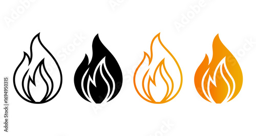 Four stylized flame icons in black white orange and gradient isolated on transparent background