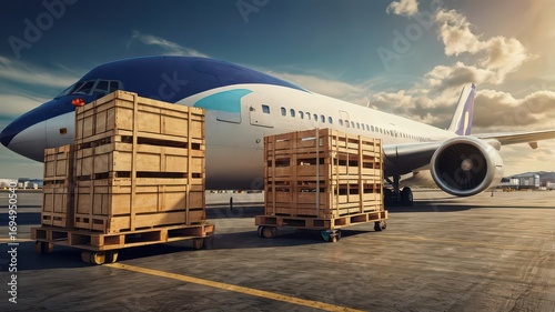 Air freight of wooden crates for international trade and supply chain logistics