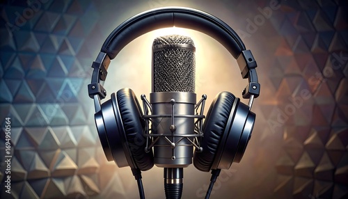 Professional  headphones and microphone, positioned prominently in a recording booth, exhibit a sophisticated, high-quality design.