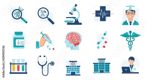 Vector art of collection of medical icons including a microscope, stethoscope, syringe, dna, brain, hospital, and doctor