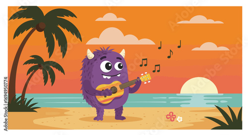 A whimsical flat design image of a cheerful monster strumming a ukulele on a serene tropical beach, creating a peaceful and joyful musical moment.