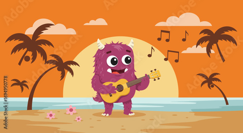 A whimsical flat design image of a cheerful monster strumming a ukulele on a serene tropical beach, creating a peaceful and joyful musical moment.