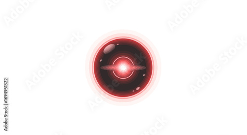 Futuristic glowing red eye with digital glow effect on white background