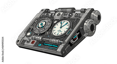 Retro futuristic mechanical device with dials in isometric style