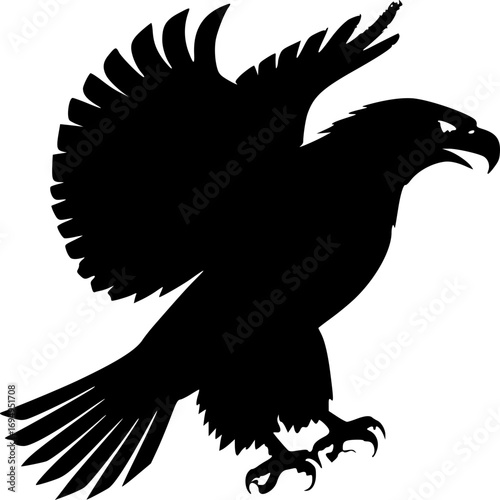 Soaring Silhouette: A majestic bird of prey, rendered in bold black silhouette, takes flight against the clear blue canvas, showcasing the power and grace of nature's aerial hunters.