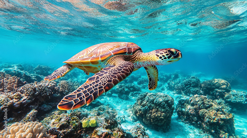 Fototapeta premium A sea turtle glides gracefully through clear turquoise ocean water, surrounded by sunlight reflections and gentle ripples.