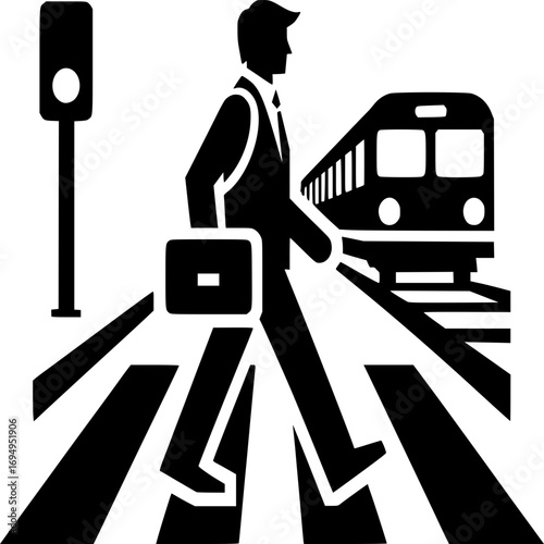 Commuter Crossing the Rails: A silhouetted individual strides purposefully across a pedestrian railway crossing, a train in the background. This scene is a visual representation of urban movement.