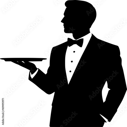 Elegance in Service: A distinguished server, captured in striking monochrome, offers impeccable service. Silhouette evokes a sense of professionalism, classic style and sophistication. 