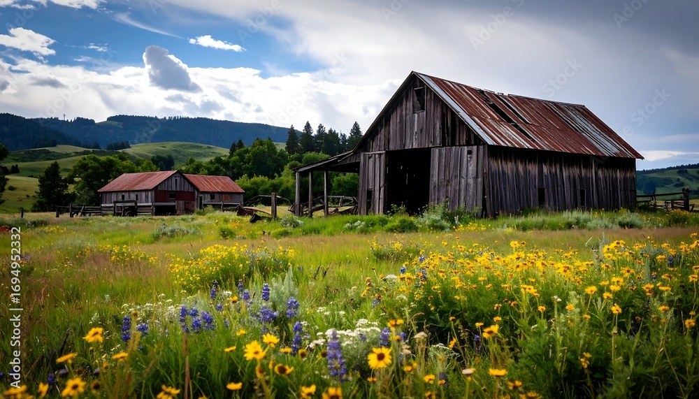 Fototapeta premium Rustic barns and wildflowers in a meadow