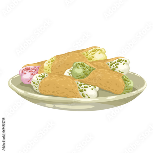 A plate of delicious cannoli with hand drawn texture. This illustration features traditional Italian pastries with cream filling. Perfect for food blogs, menu design, cafe decor, and culinary themes