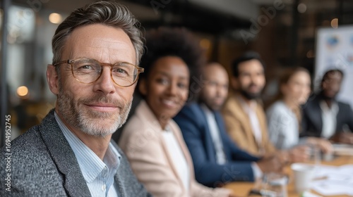 male mature caucasian ceo businessman leader with diverse coworkers team executive managers group at meeting multicultural professional businesspeople working together on research plan in boardroom n