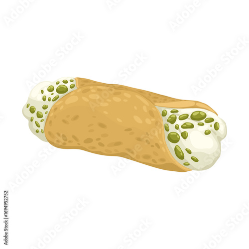 A single hand-drawn cannoli filled with creamy ricotta and pistachios. This vector illustration captures the essence of this classic Italian pastry, perfect for culinary blogs, bakery menu design