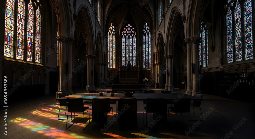 Fototapeta premium Architectural Interior Lit By Stained Glass, Offering Deep Light And Shadow