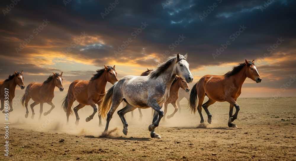 Fototapeta premium Horses running across a dry field under a dramatic sky with clouds and sunset light in the background