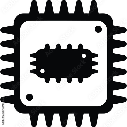 A simple black and white graphic of a computer chip with a heat sink and a processor unit inside it silhouette