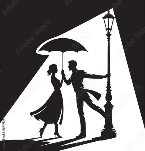 A captivating black and white silhouette of a man and a woman sharing a tender moment under a large umbrella on a city street.