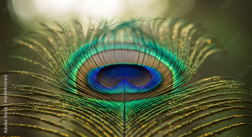 Fototapeta premium Close up of a peacock feather showing its iridescent colors and intricate details in soft focus light