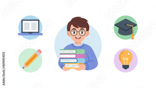 A student with books, laptop, graduation cap, pencil, and lightbulb the image represents education and learning