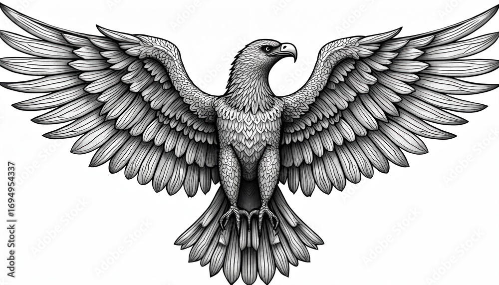 Obraz premium Intricate zentangle illustration of eagle with spread wings. Black line art design features detailed feathers, mandala-like pattern, suitable for adult coloring books, tattoos, wildlife art projects.