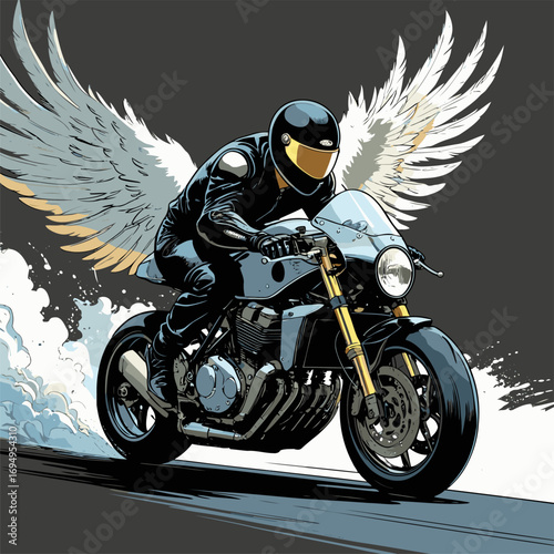 illustration of a winged biker riding a motorbike