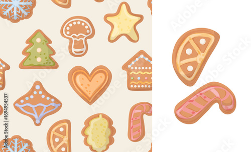 Christmas gingerbread seamless pattern and cute cookie element isolated on white background. Adorable vector illustration. Traditional baked glazed cakes festive design.