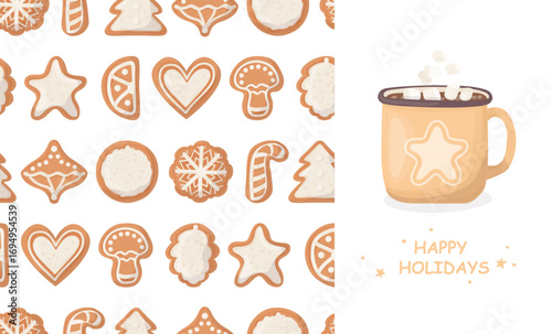 Christmas gingerbread cute seamless pattern and marshmallow hot drink mug. Traditional baked glazed cakes festive design. Vector illustration for wrapping paper, fabric, textile.