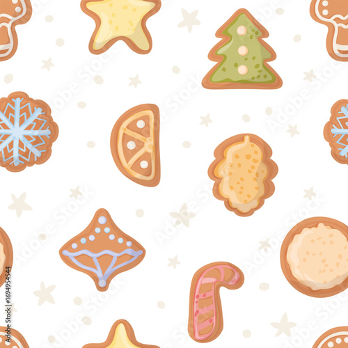 Christmas coloured gingerbread cute seamless pattern. Traditional baked glazed cakes festive design. Vector illustration for wrapping paper, fabric, textile.