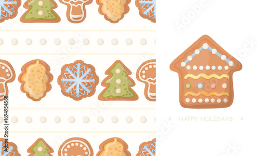 Christmas gingerbread seamless pattern and house cookie element isolated on white background. Cute vector illustration. Traditional baked glazed cakes festive design.