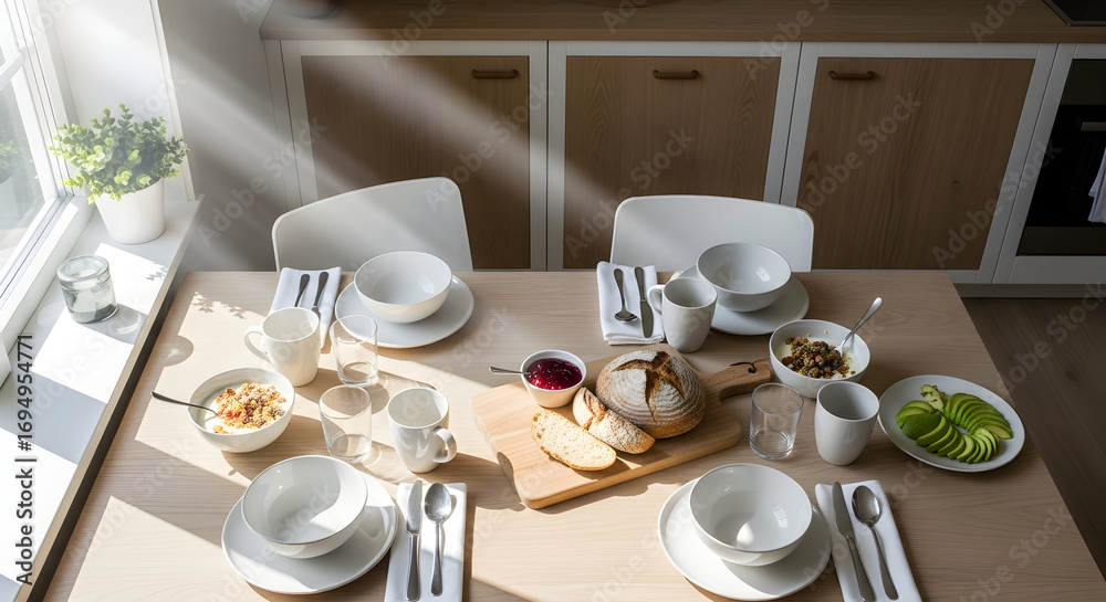 Fototapeta premium Beautiful Breakfast Table Ready For Dining, Sunlight Illuminates The Scene With Elegance